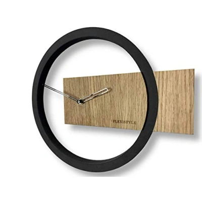 Afbeelding van FLEXISTYLE Wandklok zonder tikkend geluid hout eiken Wood Oak 1 zwart 32cm, woonkamer, slaapkamer, vervaardigd in de EU