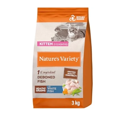 Afbeelding van 3kg Nature&#039;s Variety Healthy Grains Kitten droogvoer met witte vis