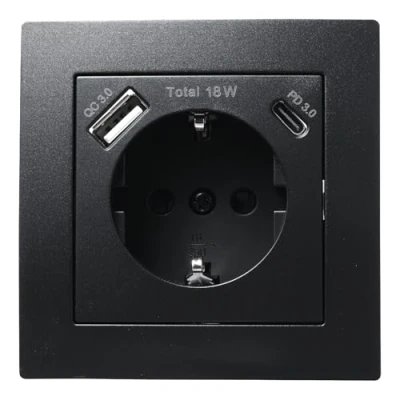 Afbeelding van Stopcontact met 1x USB C 18W Quickcharge + A FLAIR 250V /16A, inbouwwandcontactdoos stekkerbescherming matzwart