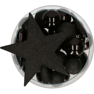 Afbeelding van Bellatio Decorations set 33x stuks kunststof kerstballen met ster piek zwart Kerstbal