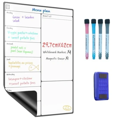 Afbeelding van Magnetisch Whiteboard A3 voor Koelkast, Wekelijkse Planner Taken, Boodschappen en Maaltijdplanning, Droog Uitwisbaar met 4 Pennen Gum, Geschikt Thuis Kantoor SURFOU