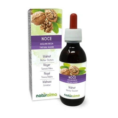 Afbeelding van Walnoot of Okkernoot (Juglans regia) fruitschil vruchtwand (walnootschil) en bladeren Alcoholvrije moedertinctuur Naturalma Vloeibaar extract druppels 120 ml Voedingssupplement Veganistisch