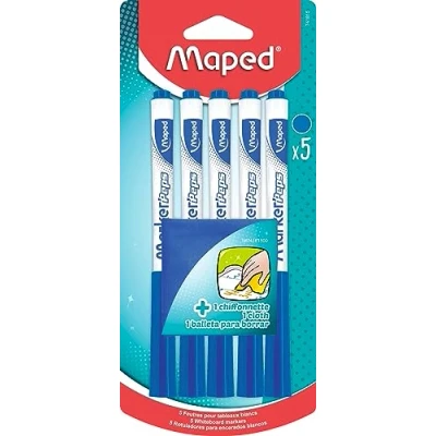 Afbeelding van Maped 5 Marker&#039;Peps droog uitwisbare viltstiften + 1 doek voor leisteen en whiteboard blauwe niet permanente markers medium punt 1,5 mm