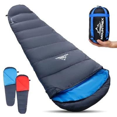 Afbeelding van MOUNTREX Slaapzak Ultralicht en Compact (750g), Zomerslaapzak, Mummie Outdoor, Kamperen, Reizen, Festivals (205 x 80cm) Koppelbaar (Zomer, Marineblauw/Blauw, Links)