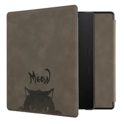Afbeelding van kwmobile e reader hoesje compatibel met Amazon Kindle Oasis 10. Generation Kunstleren ereader cover stand Kat Meow in grijs/zwart