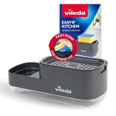 Afbeelding van Vileda Pomp afwasmiddeldispenser met sponshouder, praktische 2 in 1 oplossing voor de keuken, geïntegreerde zeepdispenser eenvoudig doseren één hand, robuust en duurzaam design
