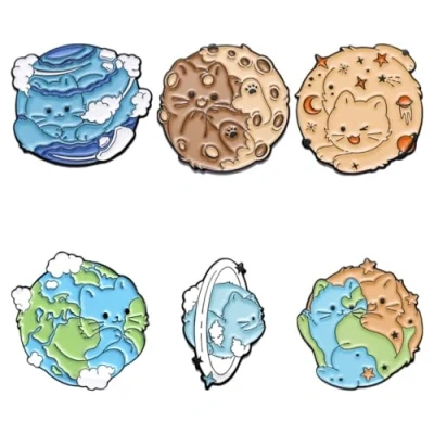 Afbeelding van Kat Broche Set Milieubescherming Thema Planeet Vorm Harde Emaille Pins Cartoon Dier Badge Leuke Kraag Accessoires DIY Ambachten, Metaal