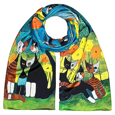 Afbeelding van VON LILIENFELD Zijde Sjaal Rosina Wachtmeister: All Together Satin Motief Art Vrouwen Kunst Katten 172 x 42 cm