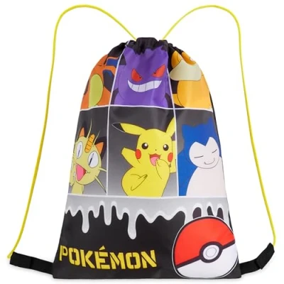 Afbeelding van Pokemon Kids Drawstring Bag Pikachu String Swim voor School, Sport, PE Bag, Zwart/Multi, One Size, Tas met trekkoord