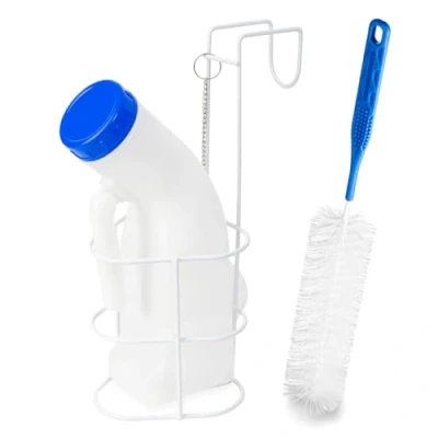Afbeelding van urinefles met houder en reinigingsborstel, ARNOMED urineflessen voor mannen &amp; vrouwen 1000ml, PP lekvrij, houder, urinaal deksel borstel, mobiel toilet
