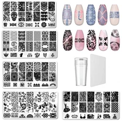 Afbeelding van Generic Nagelsjabloon stempelset, 5 stuks nagelstempelplaten met 1 transparante stempel, schraper, nail art tool voor vrouwen en meisjes