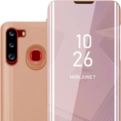 Afbeelding van Cadorabo Hoesje geschikt voor Samsung Galaxy A21 in KUNZIET ROZE Clear View Spiegel Beschermende Case met Tribunefunctie 360 Graden Bescherming Book Cover Etui