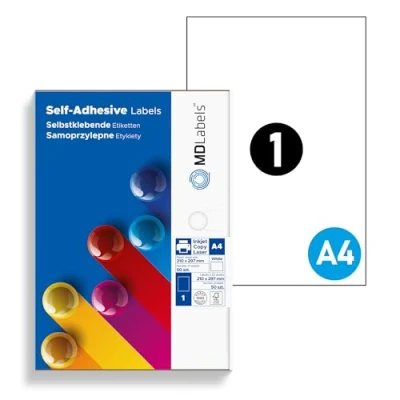 Afbeelding van MDlabels Universele etiketten DIN A4 zelfklevende etiketten, bedrukbaar, wit (210 x 297 mm, 100 etiketten)