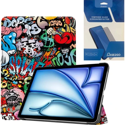 Afbeelding van Case2go Tablet hoes met screenprotector geschikt voor Apple iPad Air (2024) 11 Inch Tri fold Auto/Wake functie Graffitti