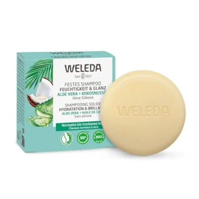 Afbeelding van WELEDA Bio vaste shampoo vocht &amp; glans Natuurlijke cosmetica haarverzorging zeep voor gezond uitziend haar met aloë vera, kokosolie hennepproteïne. haarshampoo zonder siliconen