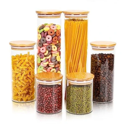 Afbeelding van Lannvan Voorraadpotten met deksel, set van 6 luchtdichte glazen containers voorraaddozen houten deksel voor spaghetti, meelopslag