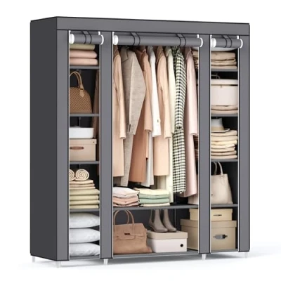 Afbeelding van SONGMICS Garderobe, linnenkast, met kledingstang en rekken, soffit cover, voor slaapkamer, kleedkamer, 150 x 45 175 cm, grijs LSF03G