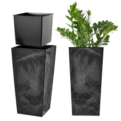 Afbeelding van KADAX Bloempot, bloembak van kunststof, plantenbak voor bloemen, binnen en buiten, tuin, balkon, terras, huis, weerbestendig, imitatie rotan (36 cm hoog, betonzwart)