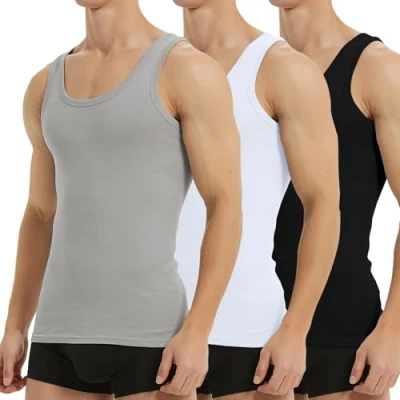 Afbeelding van Falechay Onderhemd Heren Tanktop 3 Pack 100% Katoen Fijne Rib Mouwloos Spier Shirt Sport Vesten Zwart Wit Grijs XL