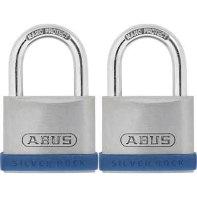 Afbeelding van ABUS Hangslot Silver Rock 5/40 van massief zink set 2 met siliconen beschermframe kelderslot en nog veel meer veiligheidsniveau 5 blauw/zilver