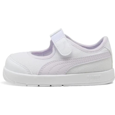 Afbeelding van Puma Courtflex V3 LINA Unisex Hardloopschoenen voor op de weg kinderen, Maat: 25, White/lilac frost Imitatieleer/ textiel