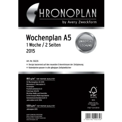 Afbeelding van Chronoplan 50235, agendavulling 2025, (weekplan A5, 148 x 210 mm), reserve kalender voor afsprakenplanner, ideaal gedetailleerde weekplanning, 1 week op 2 pagina&#039;s in kolommen, met universele