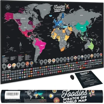 Afbeelding van Bonanzana Wereldkaart om te Krassen XXL 70 x 42 cm 25 Levensmiddelen &amp; 197 Vlaggen Kras Scratch Off World Map Kraskaarten