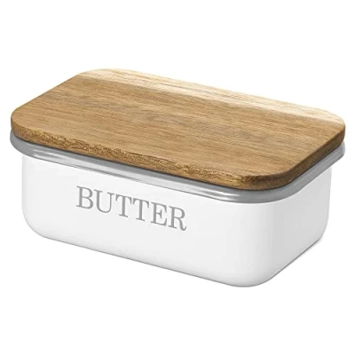 Afbeelding van Navaris botervloot Met houten deksel Van metaal in wit siliconen afdichtring 15,5 x 10,5 6 cm Boterhouder voor boter en ander voedsel