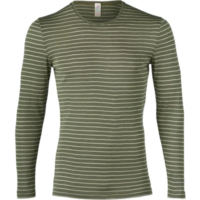 Afbeelding van Engel Natur Heren Shirt Lange Mouw Zijde Bio Merino Wol GOTS Olijfgroen Gestreept 50/52L