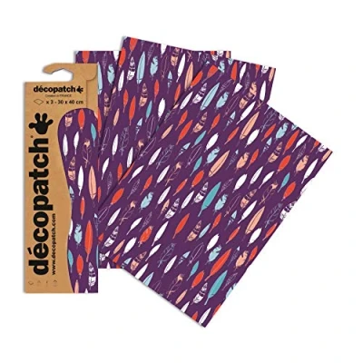Afbeelding van Décopatch Ref C694O Paars Gevederde Patroon Papier Pack Elk Vel 30 x 40cm, van 3 Papieren Vellen Best Gebruikt Met Décopach Lijm &amp; Vernis,