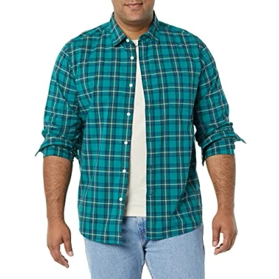 Afbeelding van Amazon Essentials Heren Regular Fit Stretch Poplin Shirt met lange mouwen, goudgroen geruit, XX Large