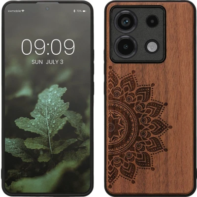Afbeelding van kwmobile telefoonhoesje geschikt voorXiaomi Redmi Note 13 Pro 5G / Poco X6 Hoesje met bumper walnoothout In donkerbruin Opkomende Zon design