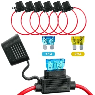 Afbeelding van Selyse 6 stuks 14 AWG zekeringhouders voor auto, vrachtwagen, motorfiets, waterdicht met inline platte zekeringen, koperen kabel, standaard zekeringen auto/boot, 3 x 15 A, 20 A