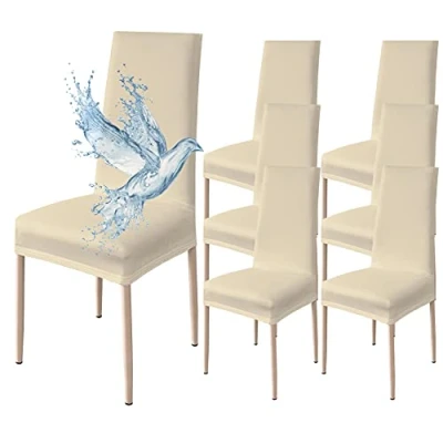 Afbeelding van Stoelhoezen Met Rugleuning 6 Stuks Elastisch, Waterdicht, Universele Maat, Moderne Eetkamerstoelhoezen, Wasbaar Afneembaar Beige