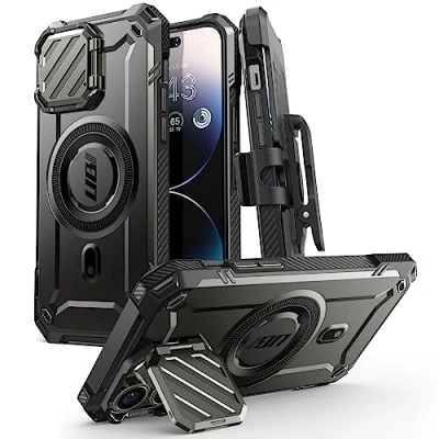 Afbeelding van SUPCASE Beschermhoes voor iPhone 14 Pro Max/ 13 Max, magnetisch, met camerabescherming, MagSafe compatibel, geïntegreerde riemclip, schokbestendig, robuust, 14/13 zwart