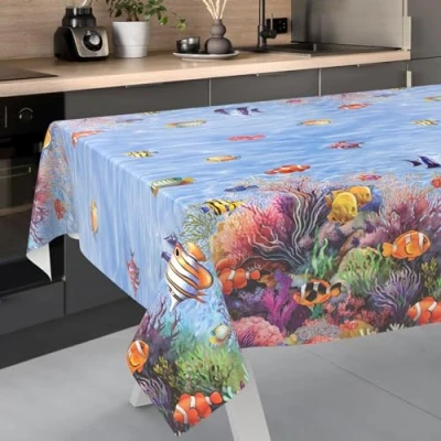 Afbeelding van ANRO Afwasbaar tafelzeil, tuintafelkleed, voor binnen en buiten, met snijrand, 240 x 140 cm, aquarium