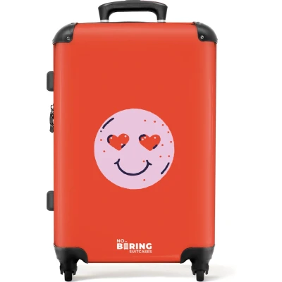 Afbeelding van NoBoringSuitcases.com® Koffer groot Rolkoffer lichtgewicht Rood met roze verliefde smiley Reiskoffer 4 wielen Grote trolley XL 20 kg bagage