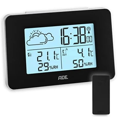 Afbeelding van ADE Digitaal weerstation draadloos met buitensensor binnen en buitentemperatuur luchtvochtigheidsmeter geanimeerde weersvoorspelling wekkerradio sluimerfunctie zwart