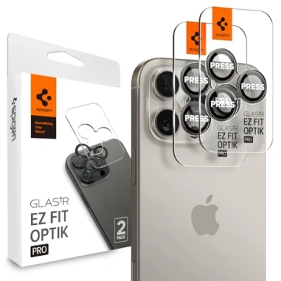 Afbeelding van Spigen Glas.tR EZ Fit Optik Pro Camera Screenprotector compatibel met iPhone 16 Pro, Max, 2 Stuks, Naturel titanium, Geen storing voor flitsfunctie