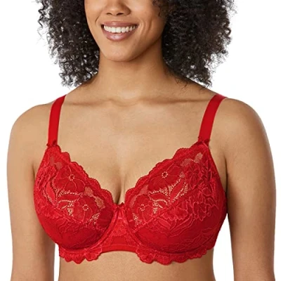 Afbeelding van DELIMIRA Damesbeha met volledige cups, ongevoerde kanten tule cup, beugel, Lippenstift rood, 100D