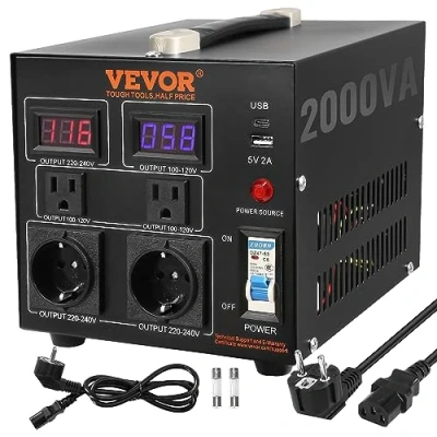 Afbeelding van VEVOR 2000W spanningsomvormer transformator AC 110V220V 2X US NEMA 5 15R 3 polige/2x standaard Europese Shucko uitgangsstopcontacten, 1x 5V USB aansluiting, type C aansluiting
