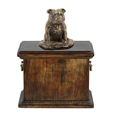 Afbeelding van Art Dog Custom Sitting Statue Memorial Urn Handgemaakt Koudgegoten Brons op Berkenbasis Stevige en Stijlvolle voor Hondenas 29x21x38cm Staffordshire bulterriër