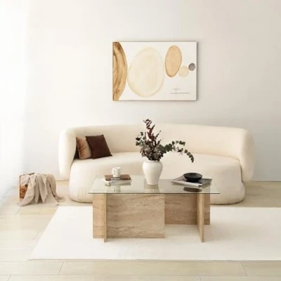 Afbeelding van Design salontafel Kinda L105cm Transparant Glas en Beige Travertijn Effect Menzzo