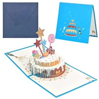 Afbeelding van NATUCE 3D verjaardagskaarten, pop up verjaardagskaarten wenskaart verjaardagskaart, Happy Birthday kaart met envelop voor kinderen, vrouwen, moeder, papa, vrouw, man, blauw