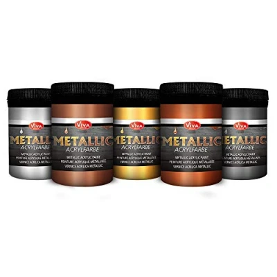 Afbeelding van Viva Decor metallic acrylverf (zilver, zilvergrijs, goud, brons, koper, 5 x 100 ml) glamoureuze met effect, ook geschikt als Pouring acrylverf, set metallic, Made in Germany