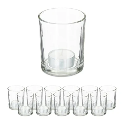 Afbeelding van Relaxdays theelichthouder set van 12, theelichtglazen, H x Ø: 8,5 7 cm, voor devotie en waxinelichtjes, transparant