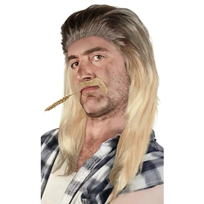 Afbeelding van SET met Mullet Pruik + Baard Proll Pimp Blond Brunette Grijs Zwart (Blond/Zwart Baard)