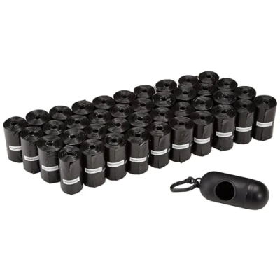Afbeelding van Amazon Basics Hondenpoepzakjes met dispenser en riemclip, zonder geurstof, 600 stuks, 40 verpakkingen van 15, 33 x 23 cm, zwart, ongeparfumeerd