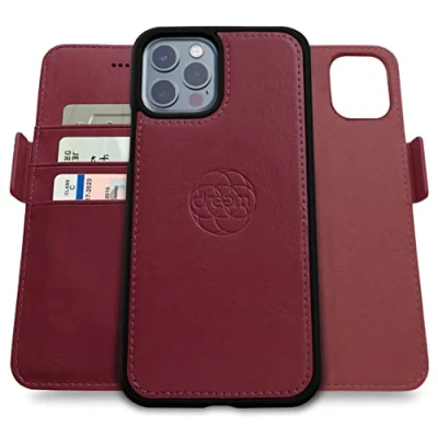 Afbeelding van Dreem Fibonacci compatibel met iPhone 13 Pro Max portemonnee case / 2 in 1 schokbestendig hoesje en afneembare veganistisch lederen folio, MagSafe compatibel, RFID bescherming [Bourgondië]