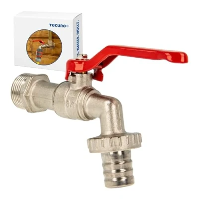 Afbeelding van tecuro Tapkraan uitloopventiel kogeluitloopklep 3/4 inch wandaansluiting, handvat rood, messing vernikkeld